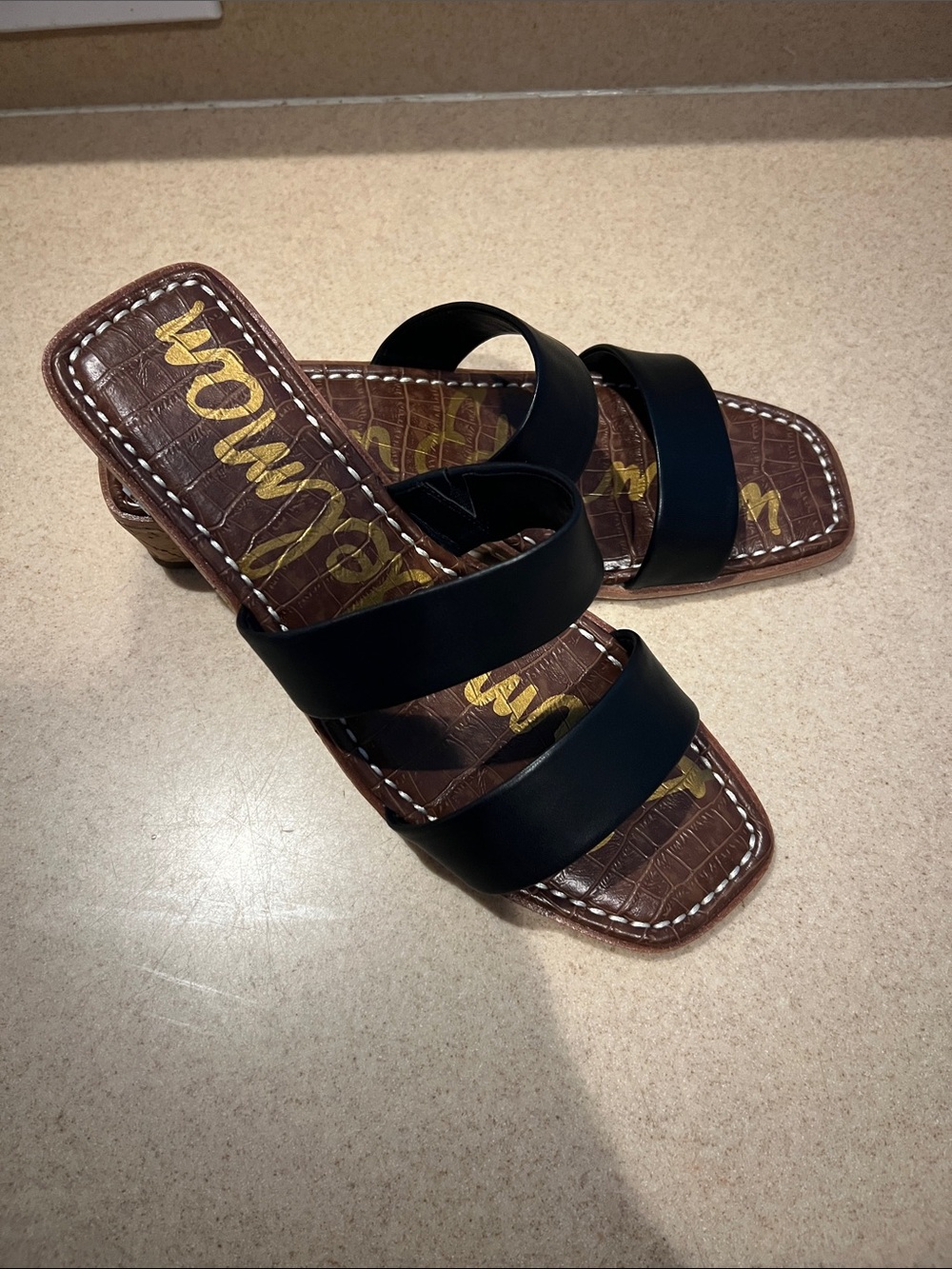 Sam Edelman Black Triple-strap Brown Footbed Slide Sandal